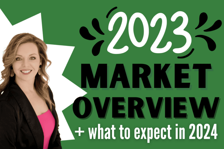 picture of Jennifer Nicely wearing pink shirt and black blazer in front of a white and green background, next to the words 2023 market overview + what to expect in 2024