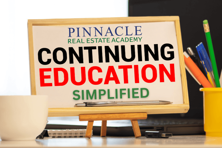 A white board on a small easle that has Pinnacle Real Estate Academy Continuing Education Simplified written on it