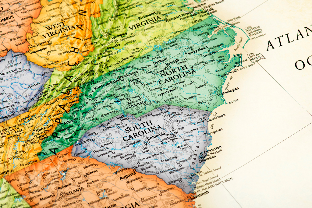 Map showing North and South Carolina